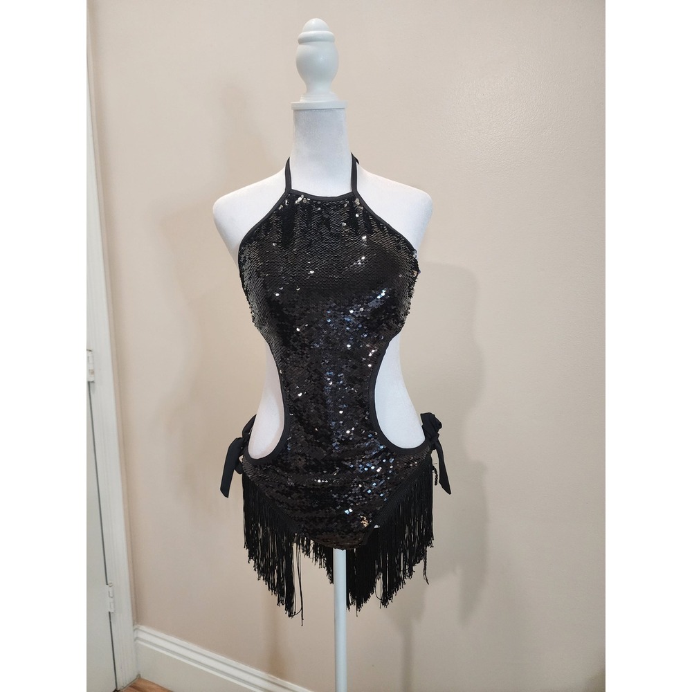 Black Sequin Cut-Out Fringe Dance Leotard Monokini Performance Costume Halter